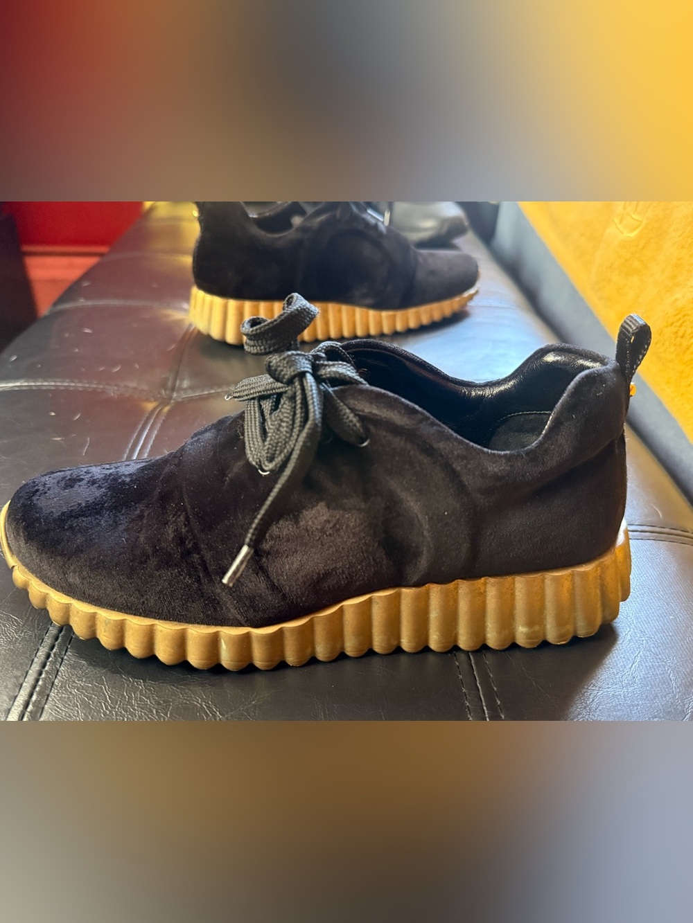 Salvatore Ferragamo Black Velvet Sneakers with Tan Ribbed Sole